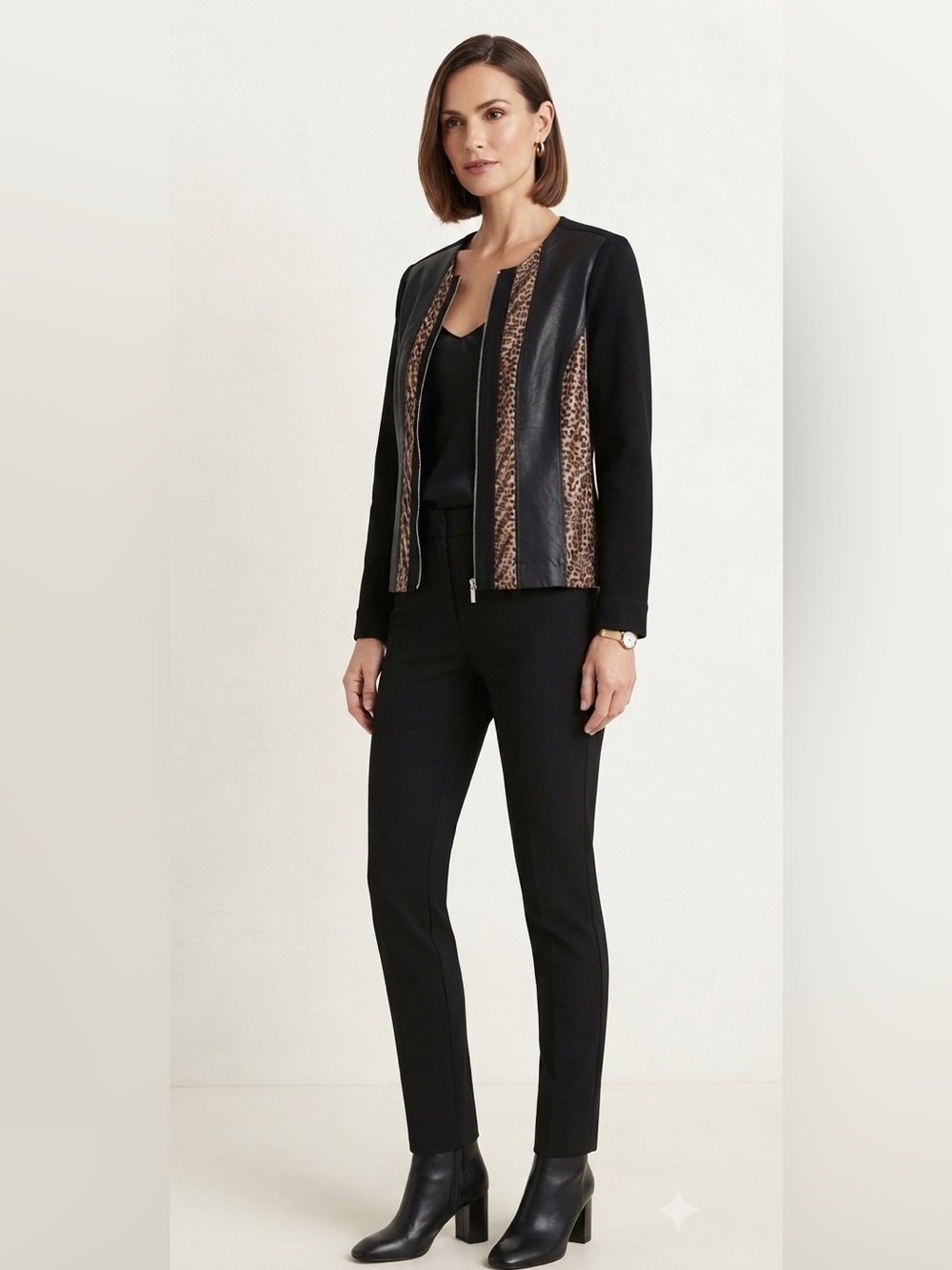 Chico's Black and Leopard Print‎ Zip-Up Jacket Size 0